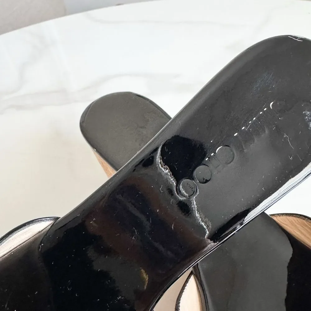 Jimmy Choo Patent Leather Cork Wedge Slide Sandals Black EU 40.5